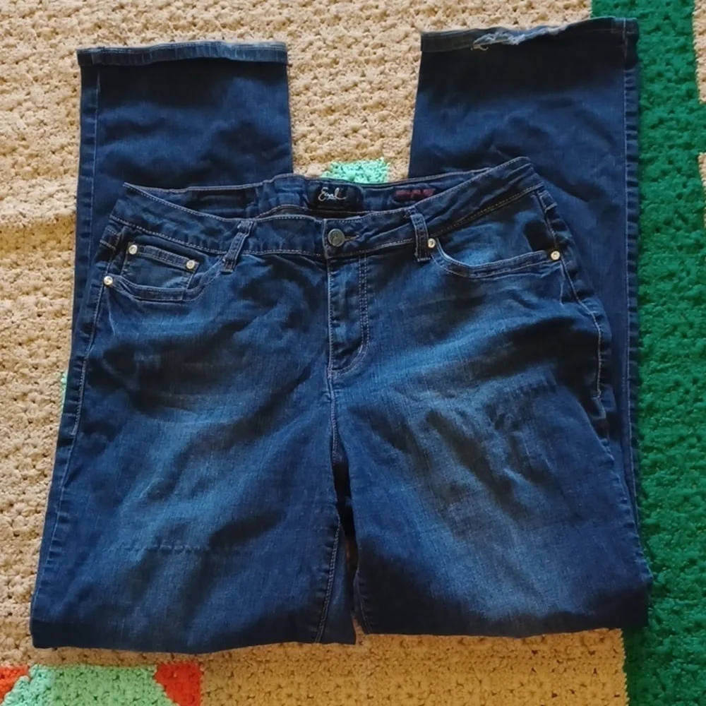 Earl Jean Womens Jeans Straight Leg Blue Denim Stretch bejeweled    sz 16